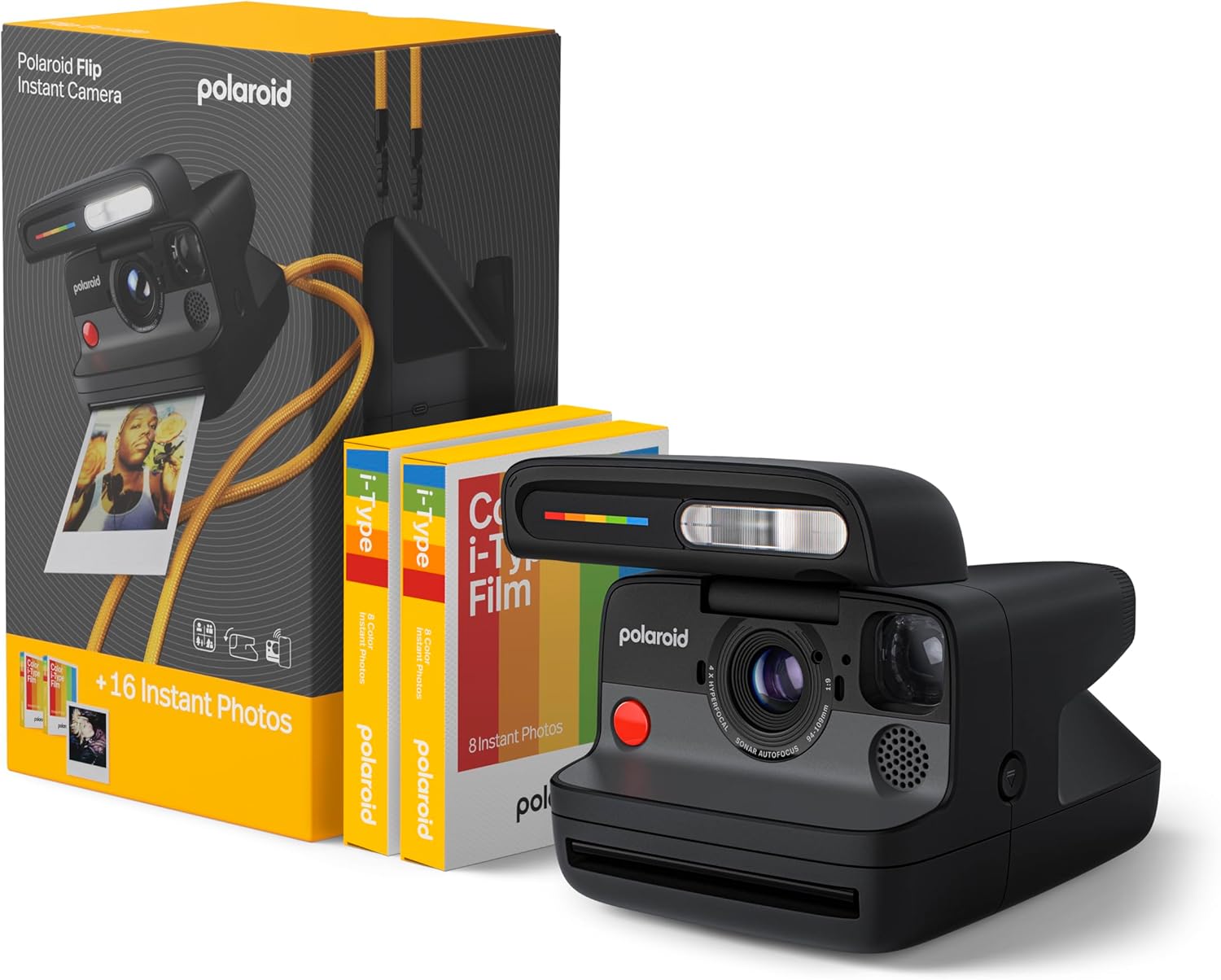 Flip Instant Camera + Color Film Bundle (16 Photos Included) – Black (6565) – Hyperfocal 4-Lens System, Sonar autofocus, and Sence Analysis with Bluetooth paired Companion app