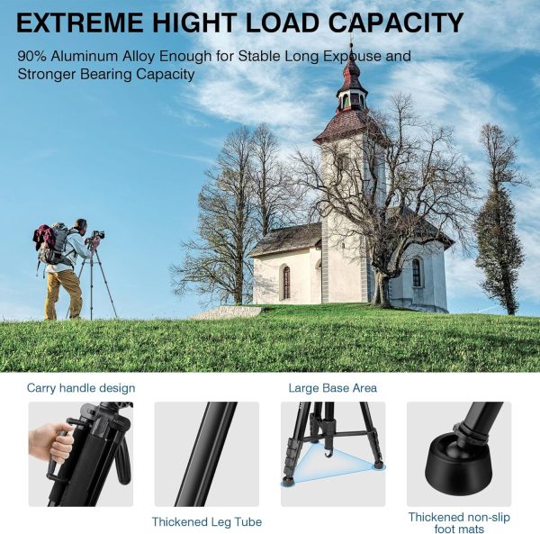 Tripod for Camera, 72" Tall Camera Tripod Monopod with Remote, Professional Heavy Duty Compact Camera Stand for Phone,DSLR, Spotting Scope, Telescope, Binocular - Image 2