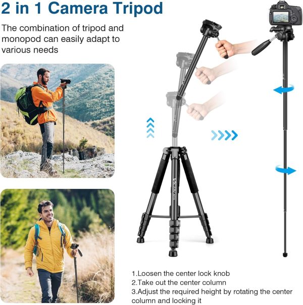 Tripod for Camera, 72" Tall Camera Tripod Monopod with Remote, Professional Heavy Duty Compact Camera Stand for Phone,DSLR, Spotting Scope, Telescope, Binocular - Image 4